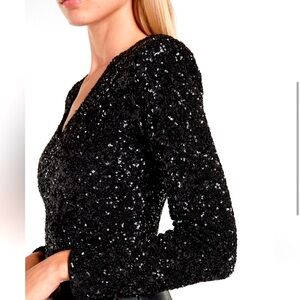 EXPRESS Black Sequin V-Neck Thong Bodysuit SMALL